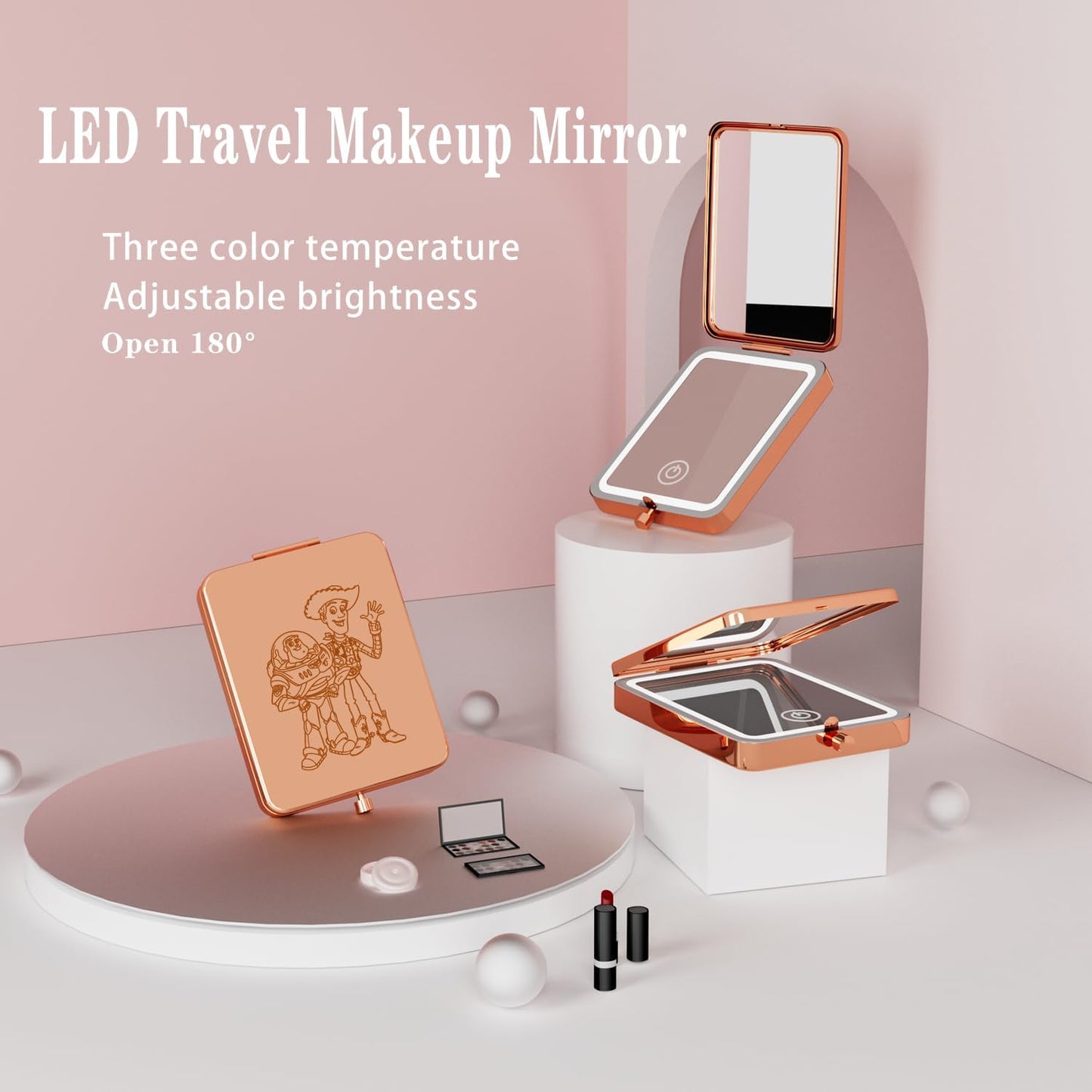 3X Magnifying Makeup Mirror with Lights, LED Compact Travel Mirrors for Pocket,Purse, Double-Sided Foldable Handheld, Vanity Mirror with Lights, Makeup Vanity Desk Bathroom, Gifts for Women