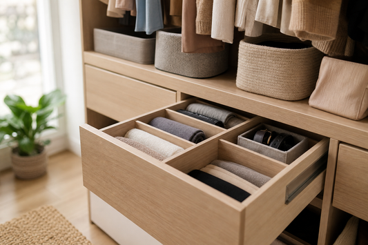 Unbranded close editorial detail featuring practical home organization