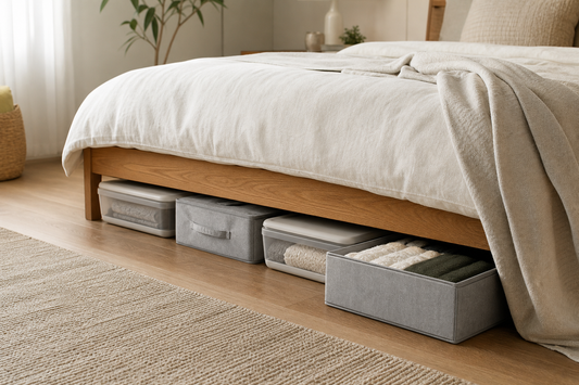 Unbranded organized spatial layout featuring practical under-bed storage
