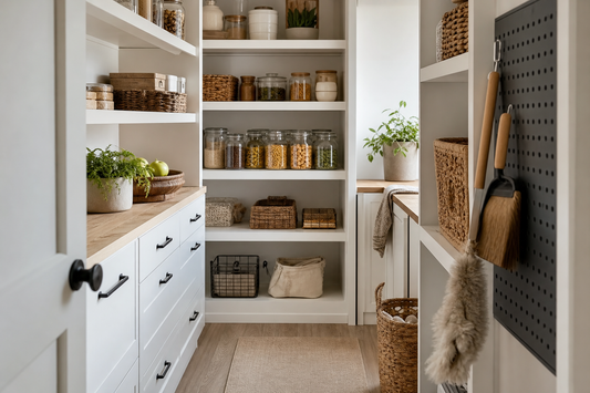 Unbranded close editorial detail featuring pantry and utility storage