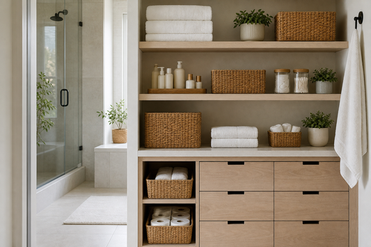 Unbranded practical sequence scene featuring practical bathroom organization