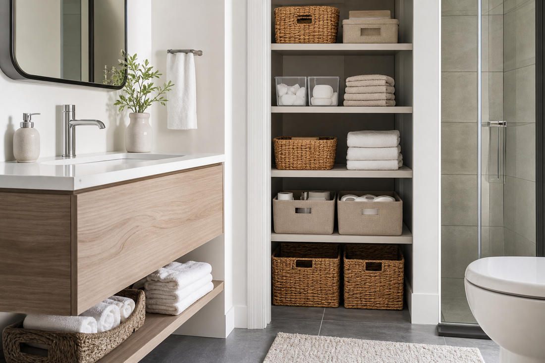 Unbranded orderly inspection setup featuring practical bathroom organization