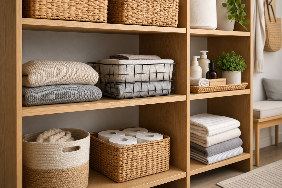 Unbranded organized spatial layout featuring practical shelf organization