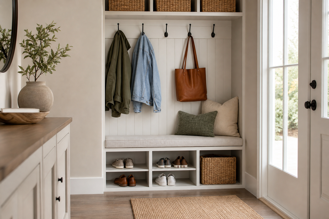 Unbranded close editorial detail featuring practical entryway organization