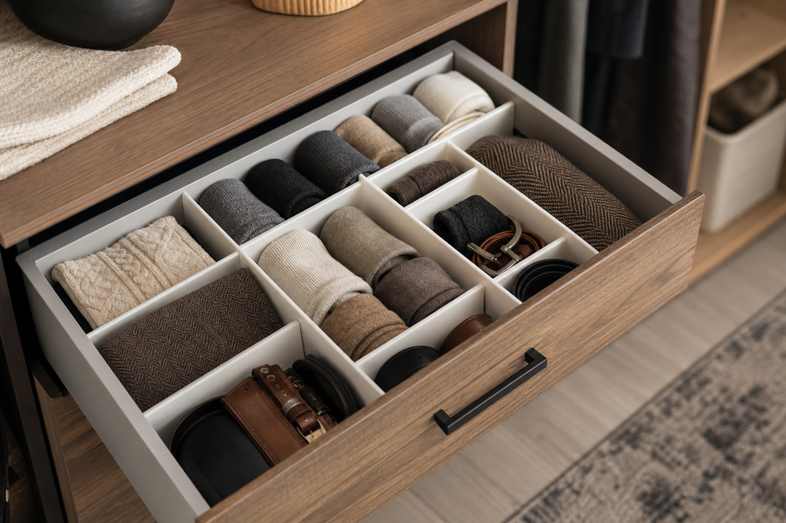 Unbranded close editorial detail featuring practical drawer organization
