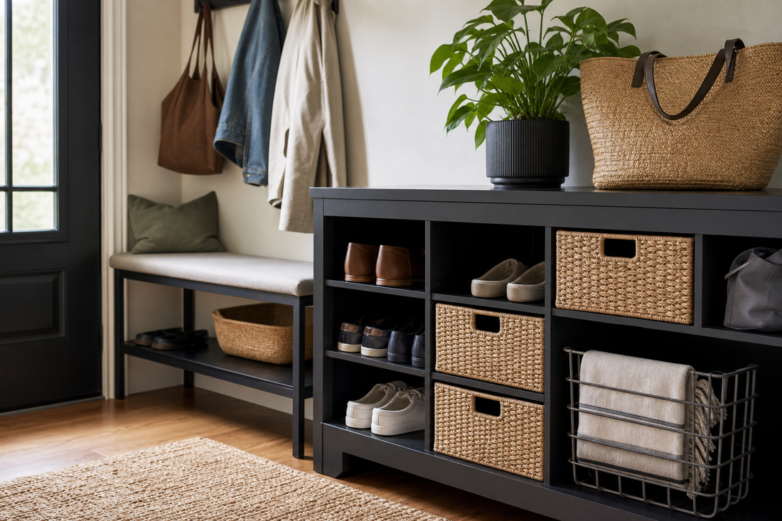 Unbranded close editorial detail featuring practical entryway organization