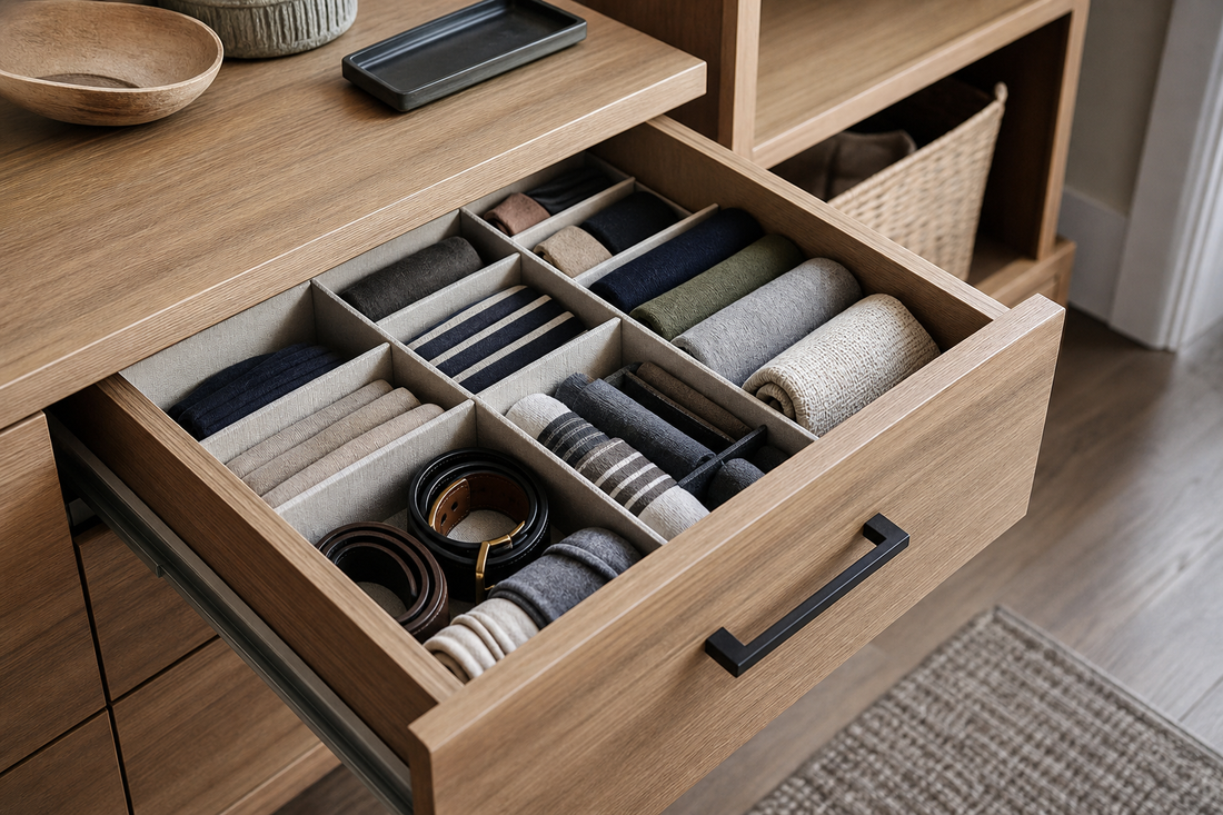 Unbranded close editorial detail featuring practical drawer organization