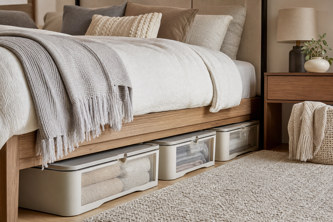Unbranded repeatable routine scene featuring practical under-bed storage