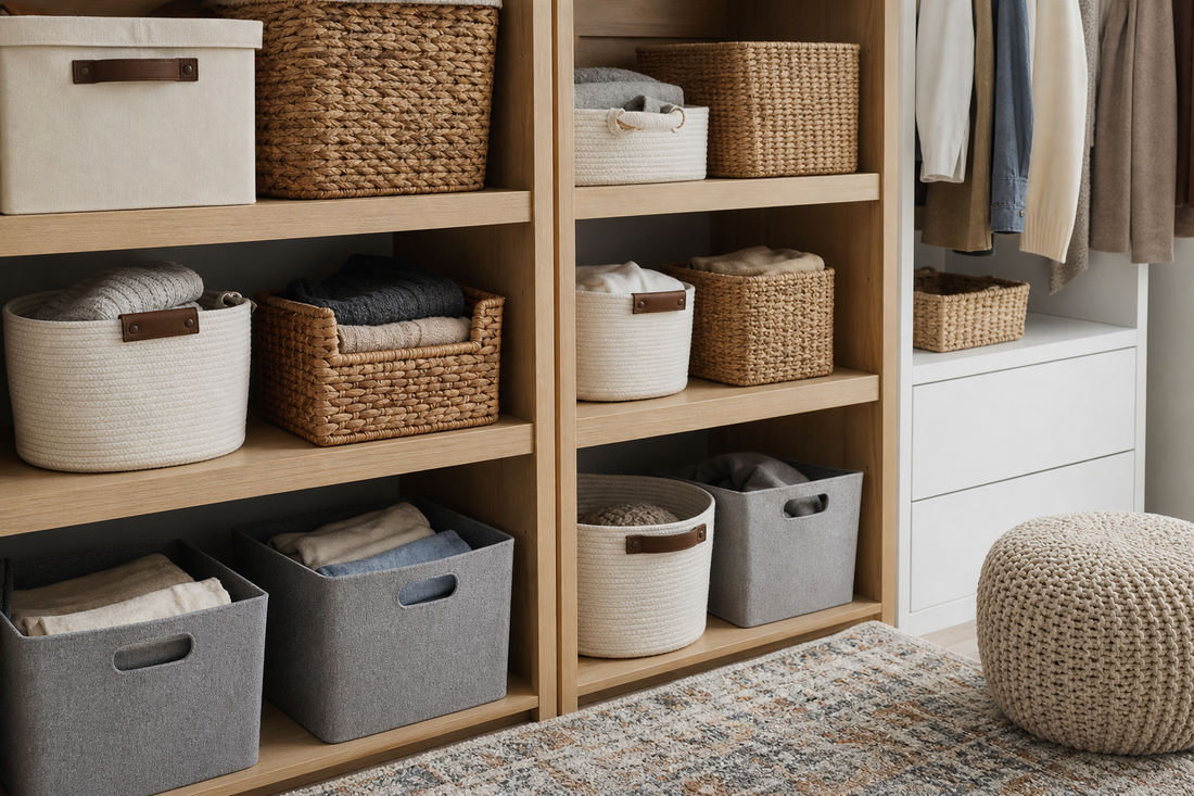 Unbranded organized spatial layout featuring practical bins and baskets