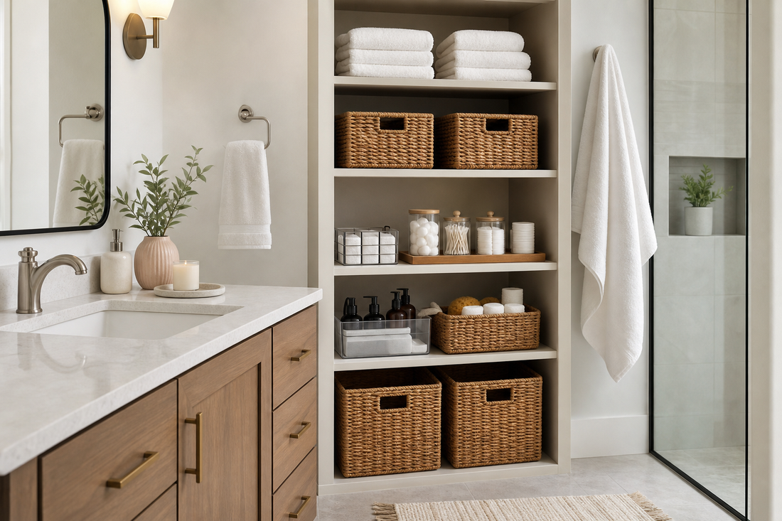 Unbranded practical sequence scene featuring practical bathroom organization