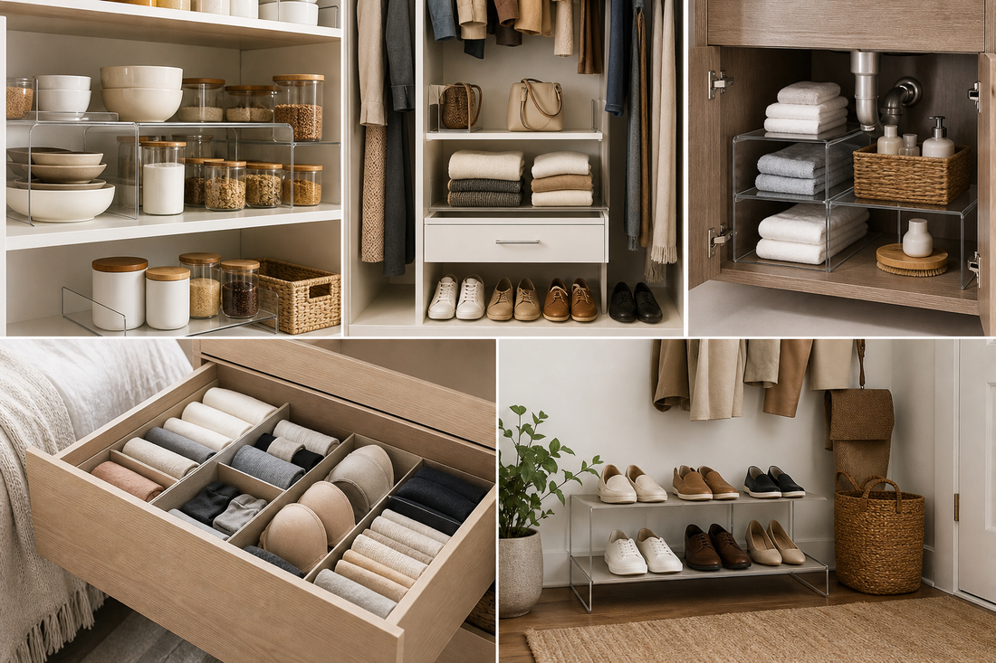 Unbranded organized spatial layout featuring practical dividers and risers