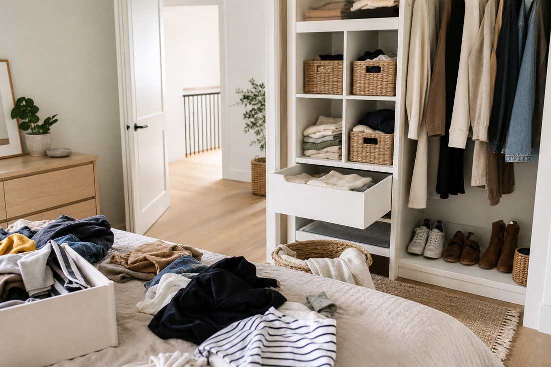 Unbranded practical sequence scene featuring practical everyday decluttering