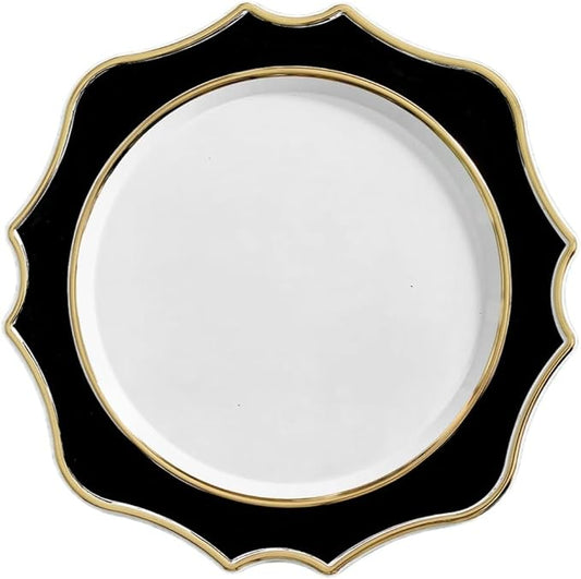 " OCCASIONS " 10 Pieces 13.25'' Scalloped Disposable/Reusable Plastic Charger Plates for Wedding, (Scalloped Imperial Black & Gold)