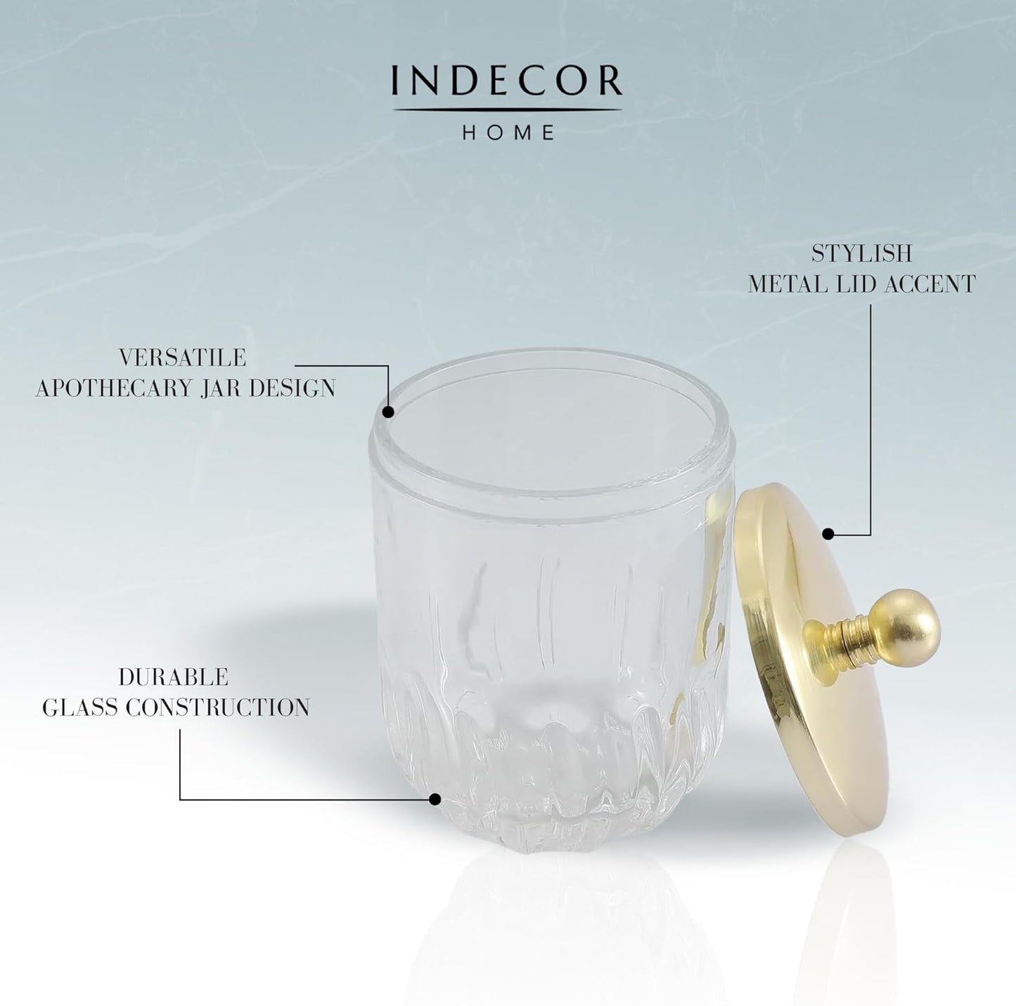 Glass Jar with Metal Lid for Bathroom Organization, Clear Apothecary Jar for Cotton Balls, Q Tips, and Small Accessories, Stylish Bathroom Storage Container Gold