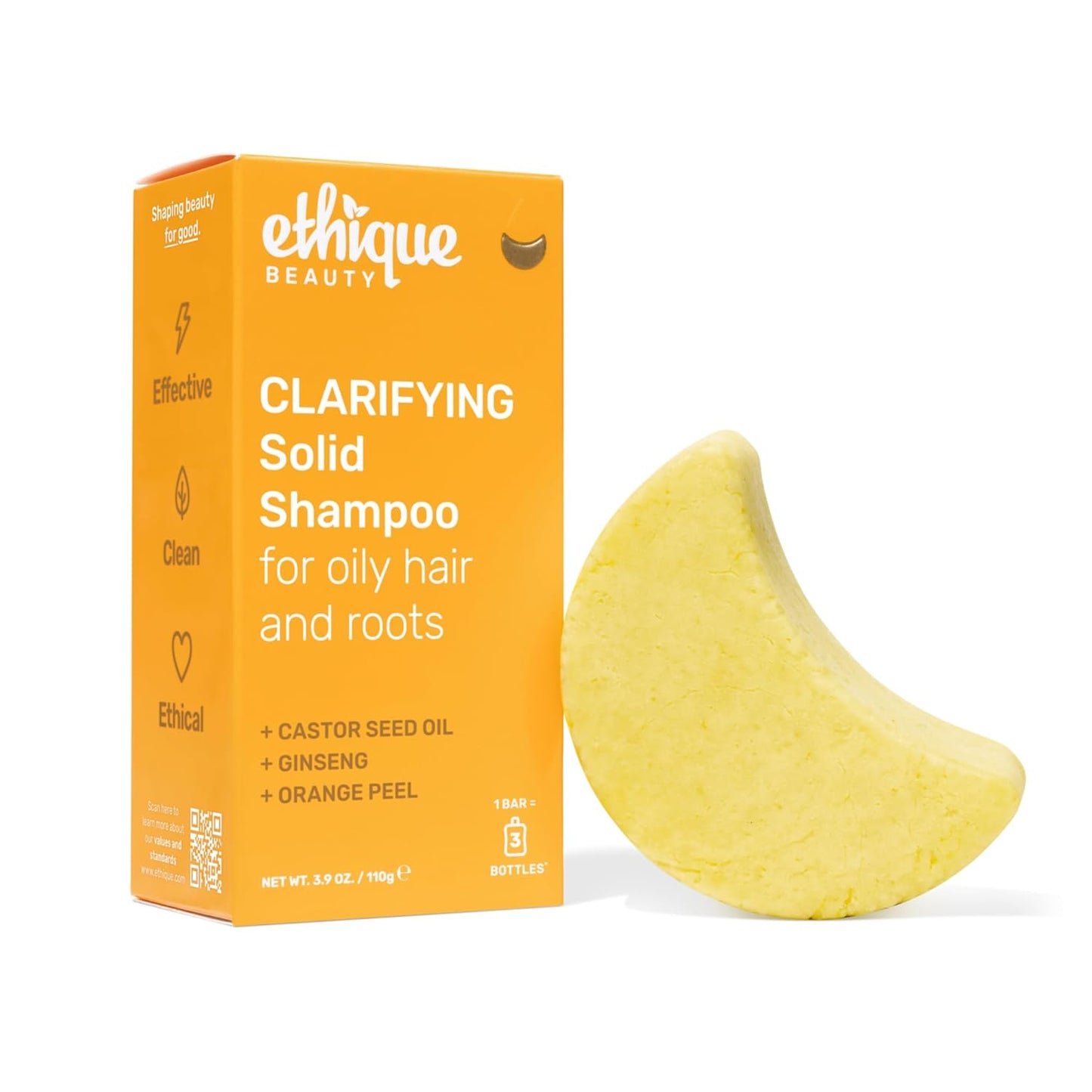 Ethique Clarifying Shampoo Bar for oily hair with Castor Oil - Plastic-Free, Vegan, Cruelty-Free, 3.88 oz - Formerly St. Clements
