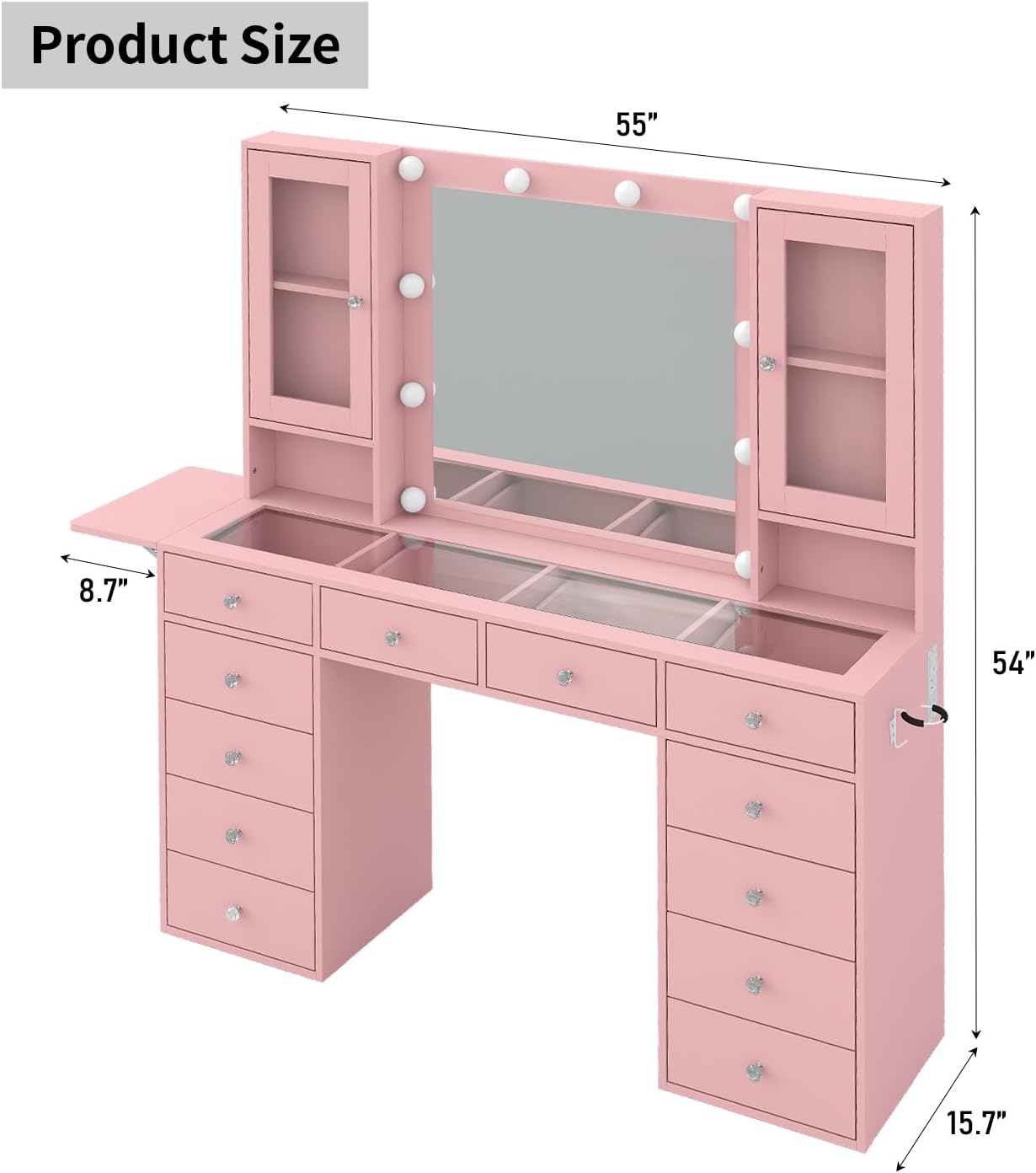 Vanity with Mirror and 10 LED Lights,Vanity Desk with Power Outlet, Makeup Vanity with 12 Drawers and 2 Cabinets, Fold-up Panel, Glass Top Vanity Table with Chair for Bedroom, Pink