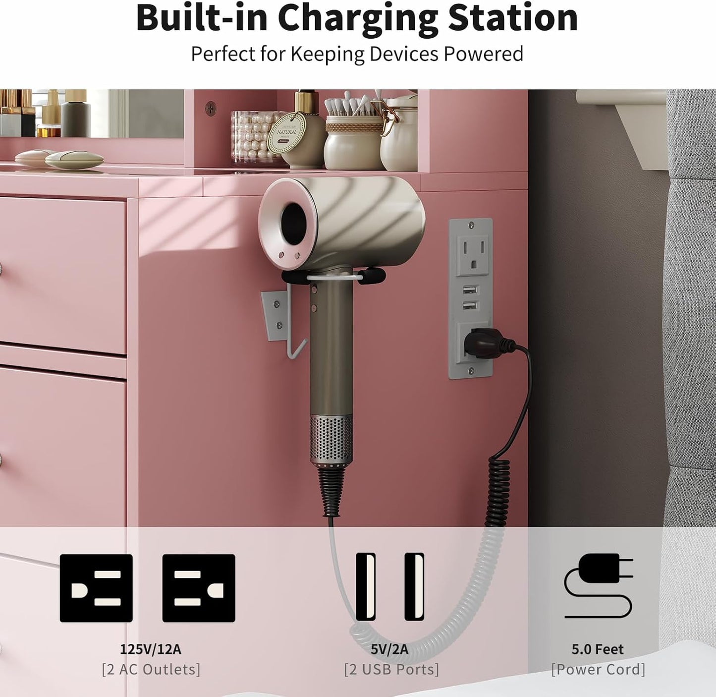 Vanity with Mirror and 10 LED Lights,Vanity Desk with Power Outlet, Makeup Vanity with 12 Drawers and 2 Cabinets, Fold-up Panel, Glass Top Vanity Table with Chair for Bedroom, Pink