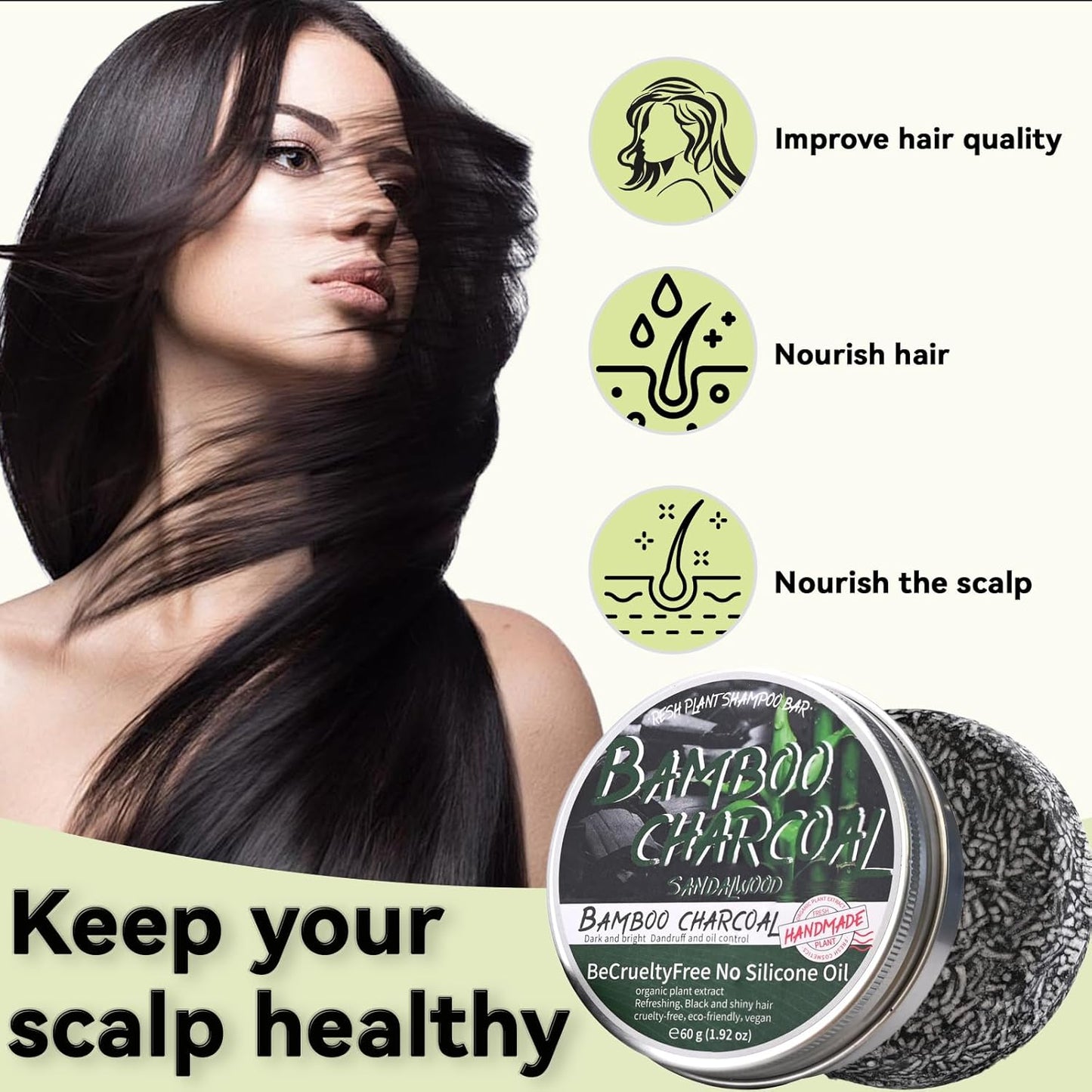 2PCS Bamboo Charcoal Shampoo Bar for Gray Hair, Black Soap for Gray Hair Natural Organics Shampoo and Conditioner Bar for Thinning Hair for Men & Women (Bamboo Charcoal)