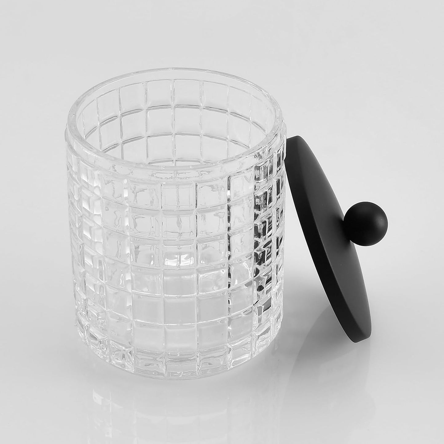 Glass Cotton Jar Holder Matte Black Lid, Elegant Bathroom Storage Canister for Qtips, Cotton Balls, Floss, Makeup Organizer, Vanity Bathroom Organization