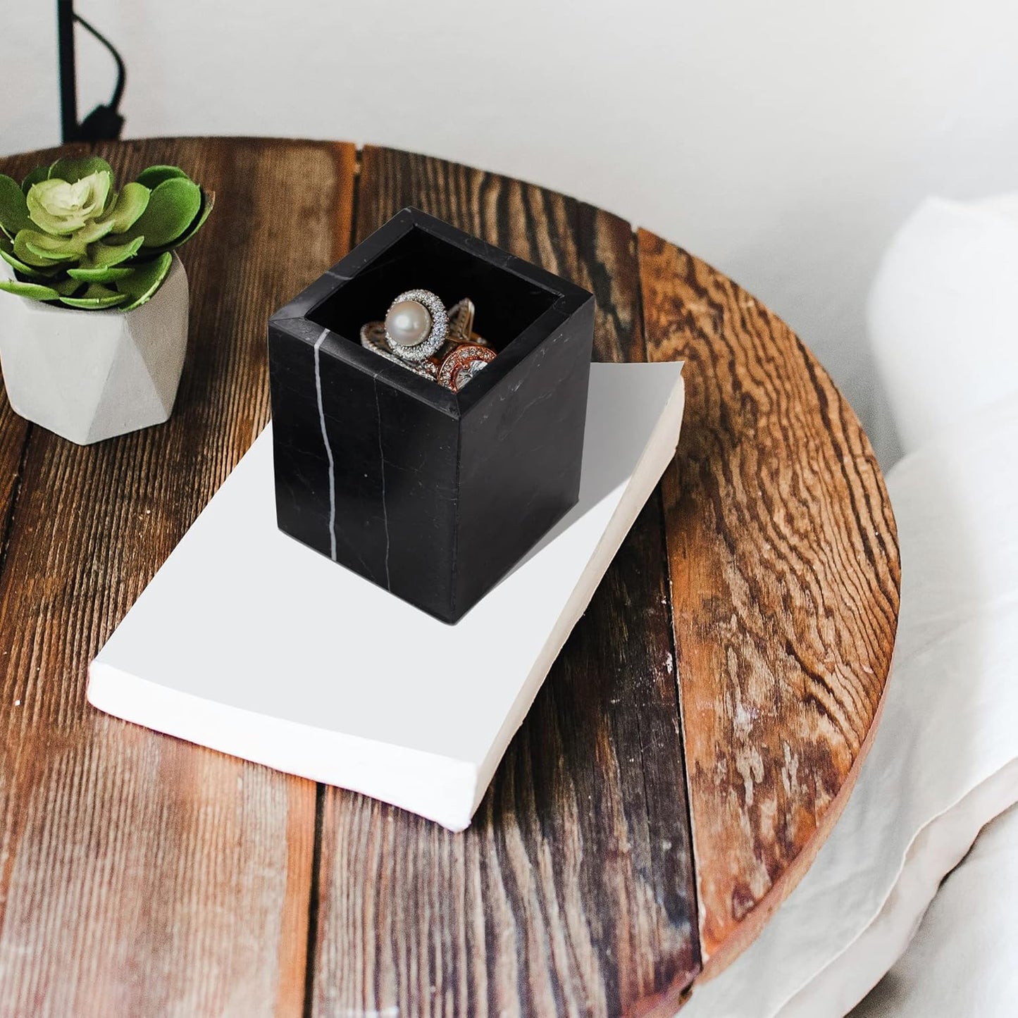 WORHE Marble Canister Natural Stone Qtip Holder with Lid Square Bathroom Vanity Organizer for Makeup Sponge Coffee Bean Dispenser Storage Jar Case for Home Decor Black (DLB202)